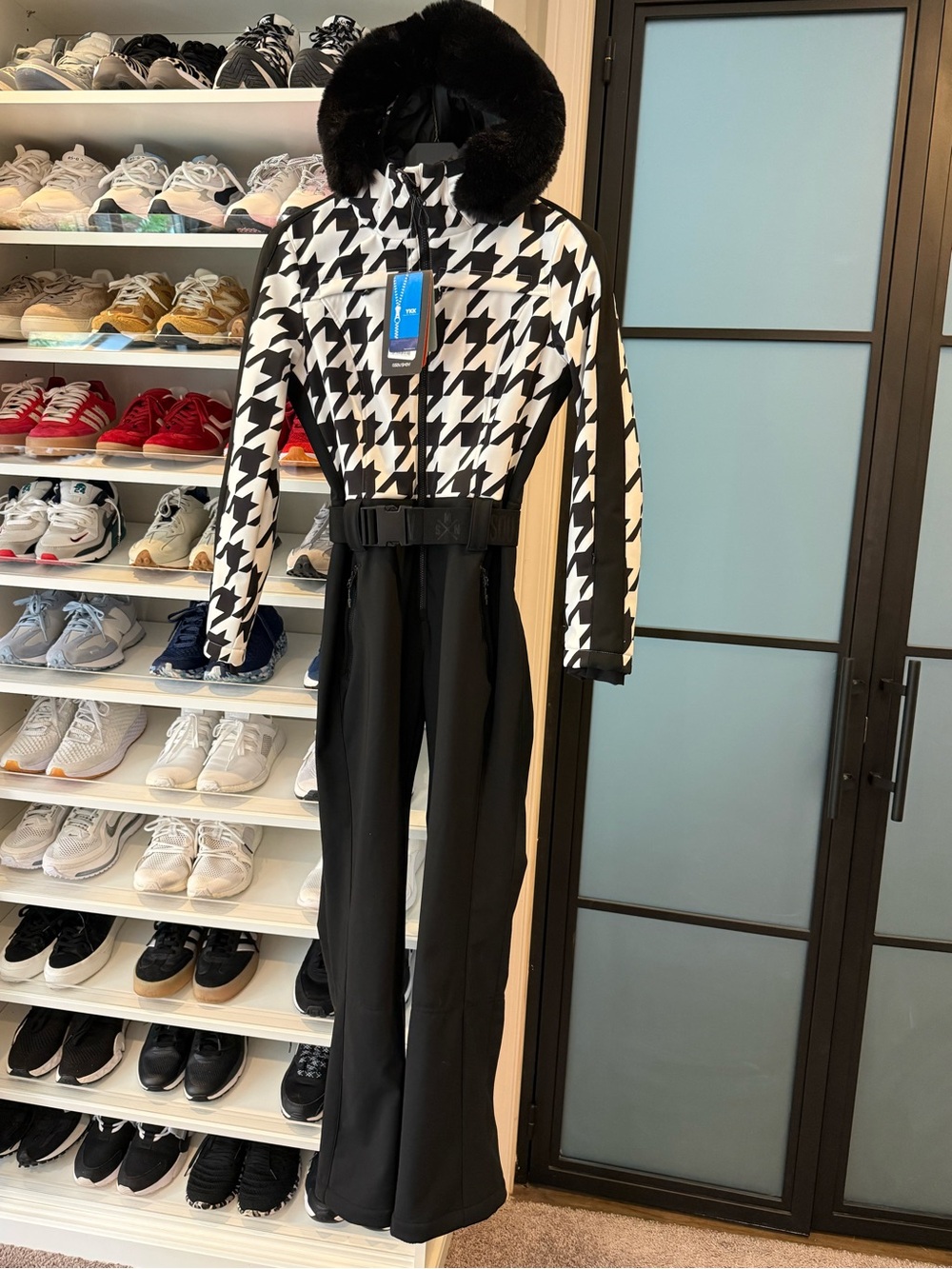 Black & White Houndstooth Boot-Cut Ski/Snowboard Jumpsuit with Faux-Fur Hood